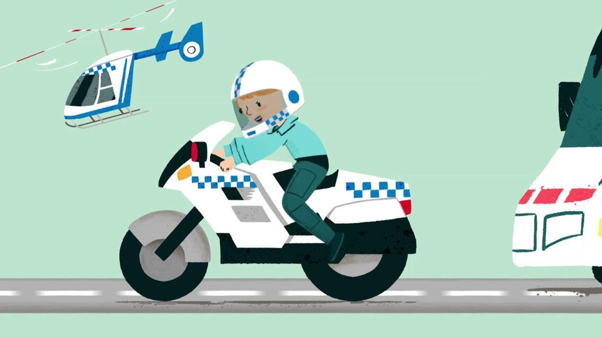 Animation of a police officer riding a motorbike on the road with a police helicopter flying in the background