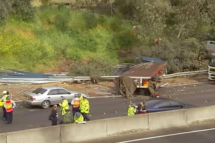 Wreckage from a freeway crash in the Adelaide Hills, which claimed a life.