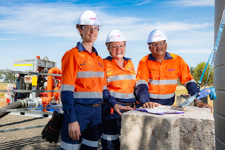 Adani workers at a water bore on the central Queensland mine site, a promotional image from company's Australian website.