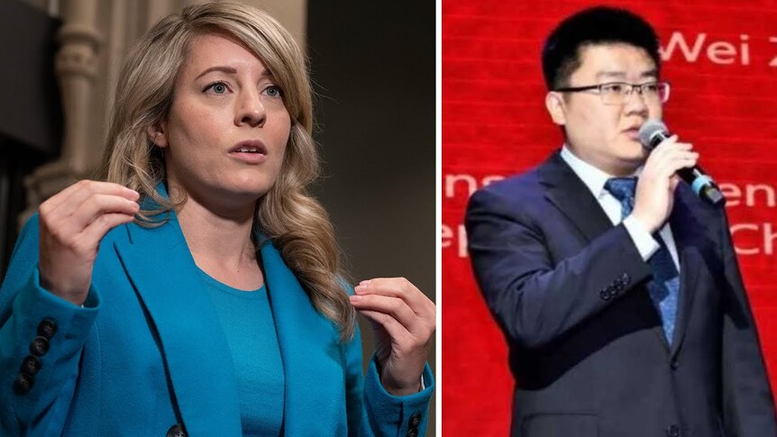 加拿大外长梅拉尼·乔利（Melanie Joly，左）说，加拿大政府决定宣布中国外交官赵巍（右）为不受欢迎的人，这意味着他被要求限期离境。