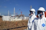 Tokyo Electric Power Co (TEPCO) workers stand near the stricken Fukushima Dai-ichi nuclear power plant