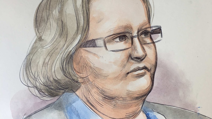 A sketch of Trudi Lenon wearing glasses and a blue shirt during her Supreme Court trial.