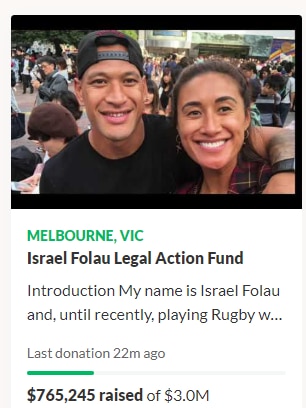 A screengrab of Israel Folau's GoFundMe campaign