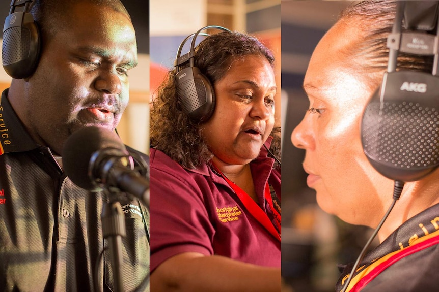 A composite image of three Indigenous Australians as each one reads the news in their respective language in a radio studio.