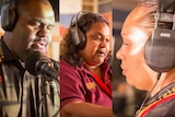 A composite image of three Indigenous Australians as each one reads the news in their respective language in a radio studio.