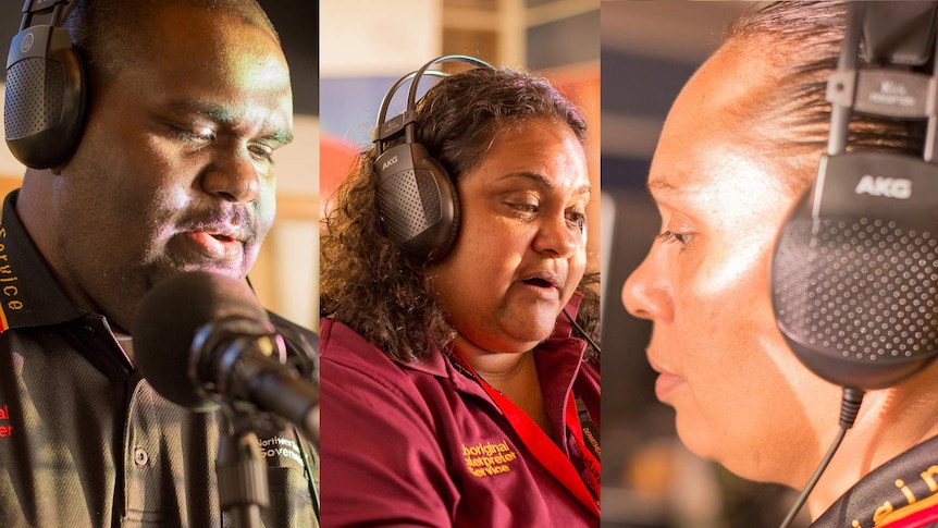 A composite image of three Indigenous Australians as each one reads the news in their respective language in a radio studio.