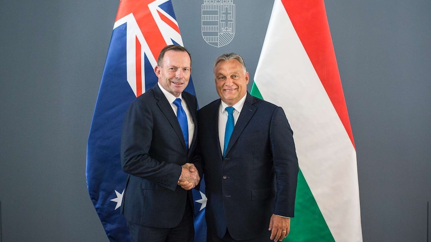 Hungarian Prime Minister Viktor Orban with Tony Abbott in his office in Budapest.