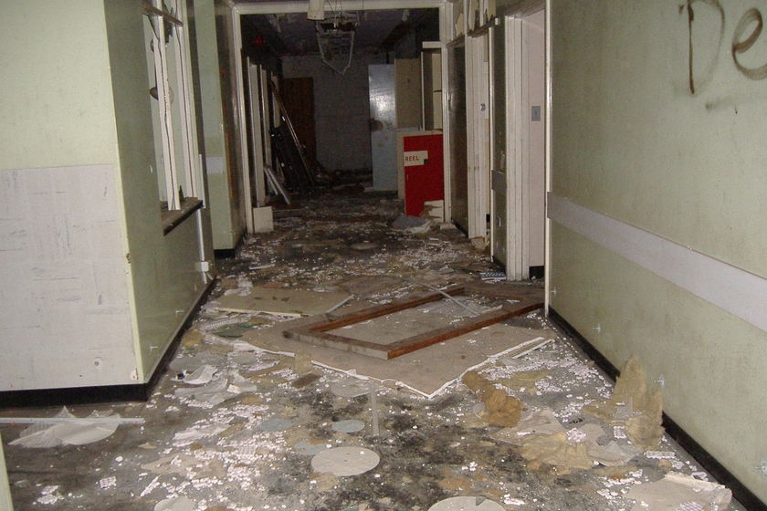 Debris scattered inside an abandoned hospital at Devonport, Tasmania