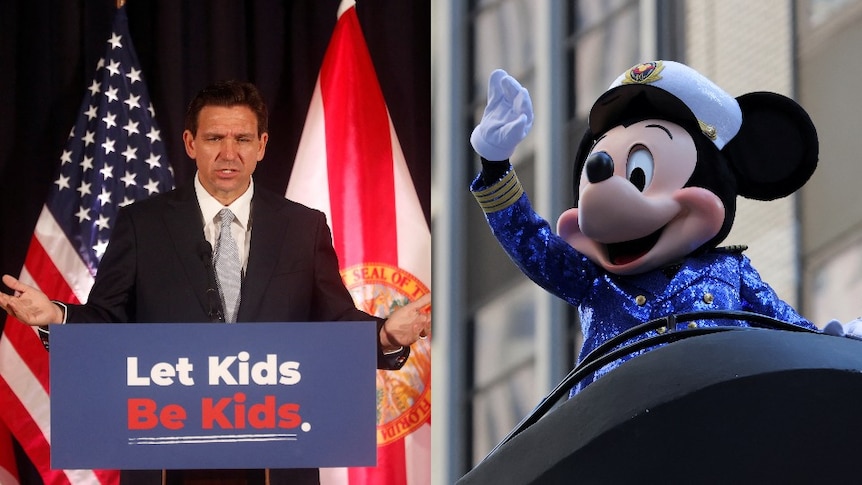 Ron DeSantis speaking behind a podium, Micky Mouse waving from a float
