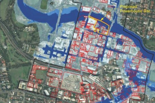 A aerial map shows water would cover the proposed new site of the Powerhouse Museum in a one in 20-year flood event.