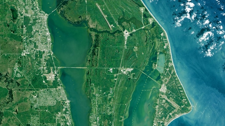 Aerial view of NASA's Kennedy Space Centre and the Cape Canaveral Air Force base imaged by the Landsat 8 satellite