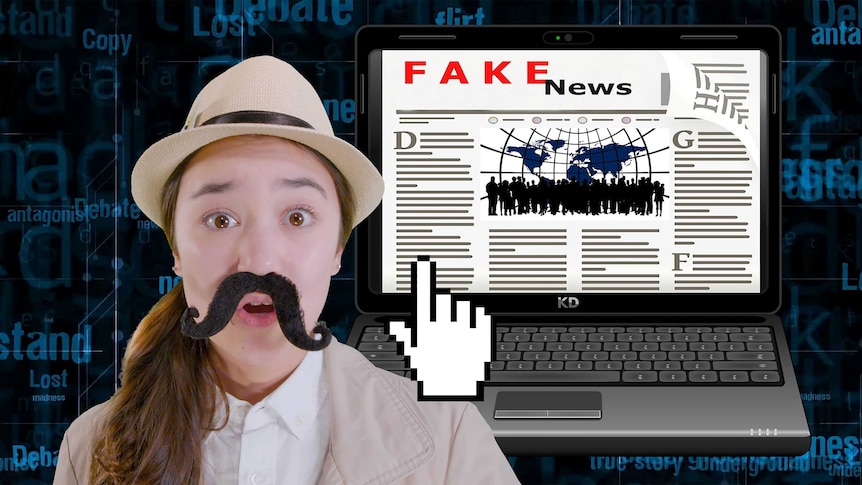 Ava is dressed in a funny moustache and magnifying glass surrounded by text saying fake facts.