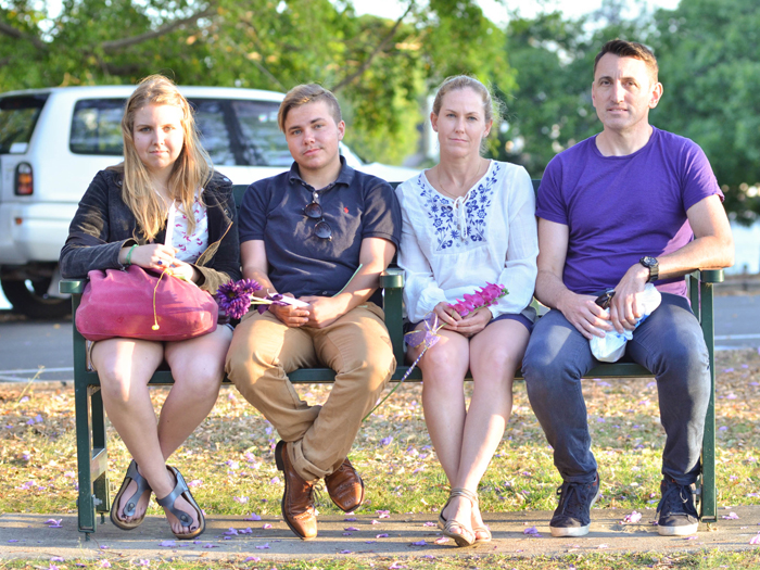 (left to right) Lotte Scheel, Kai Clancy, Kylie Gibson, and Pete Blogg at a vigil for murdered woman, Mayang Prasetyo, at New Farm Park in Brisbane on October 10 2014.
