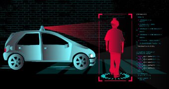 A digital image of a blue car and a boy outlined by a red square, with computer code scrolling down the side.