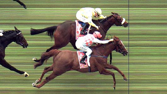 Dunaden (top) wins the 151st Melbourne Cup ahead of Red Cadeaux.