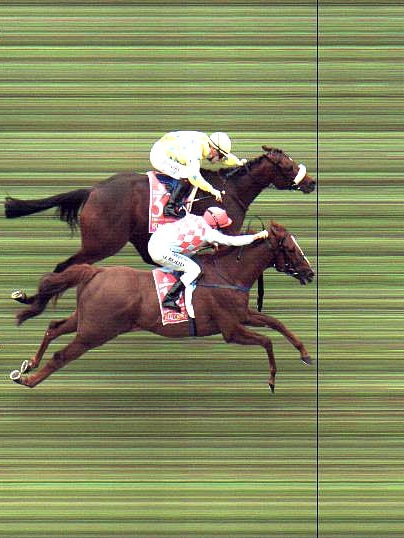 Dunaden (top) wins the 151st Melbourne Cup ahead of Red Cadeaux.