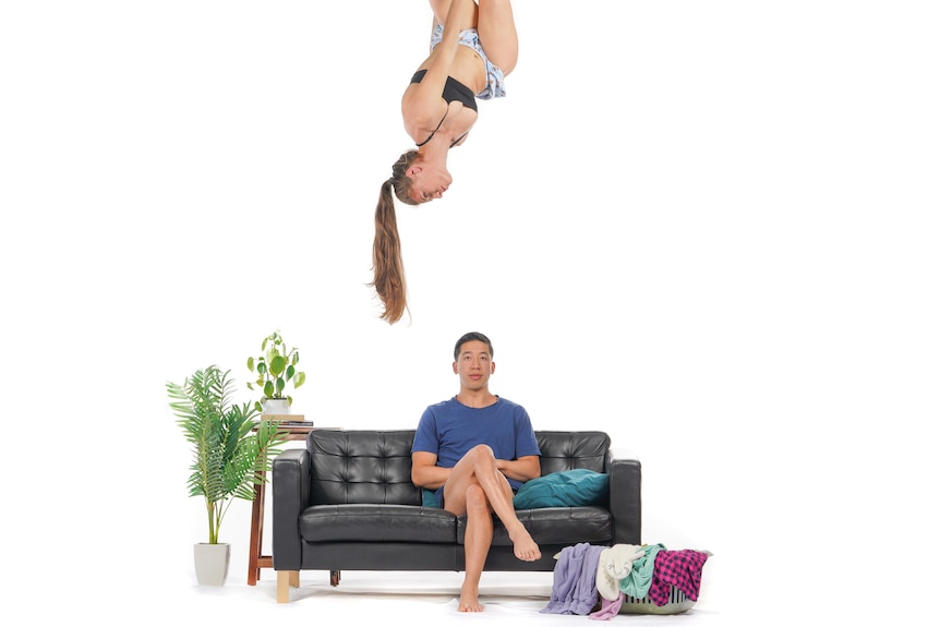 Promotional image of acrobatics performers and Fay McFarlane and Anthony Tran.