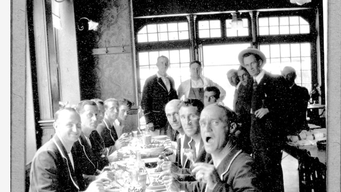 Black-and-white photo of Cods rowing team in France.