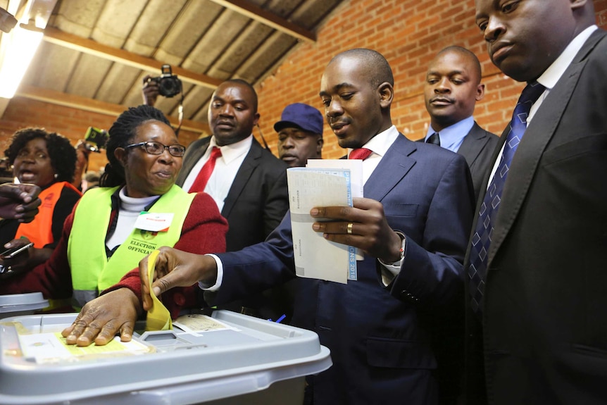 Zimbabwe's main opposition leader Nelson Chamisa casts his vote at a polling station in Harare