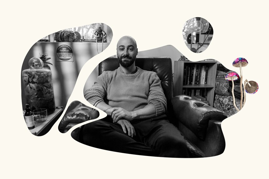 Yury sits in a large leather chair. The image is broken into blobs, and a collage of two mushrooms pops through the corners.