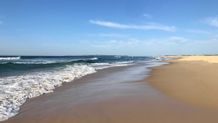 Redhead Beach on a sunny day. Footprints in the sand and waves crashing on the shore.