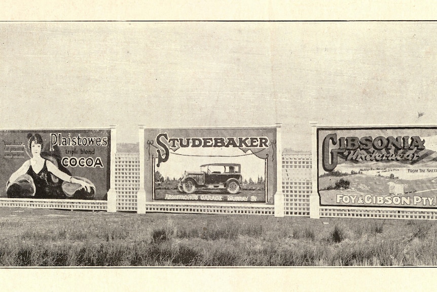 Advertising hoardings on Heirisson Island in the 1920s
