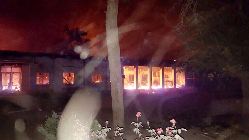Fires burn in part of the Medecins Sans Frontieres hospital in Kunduz after it was hit by an air strike.