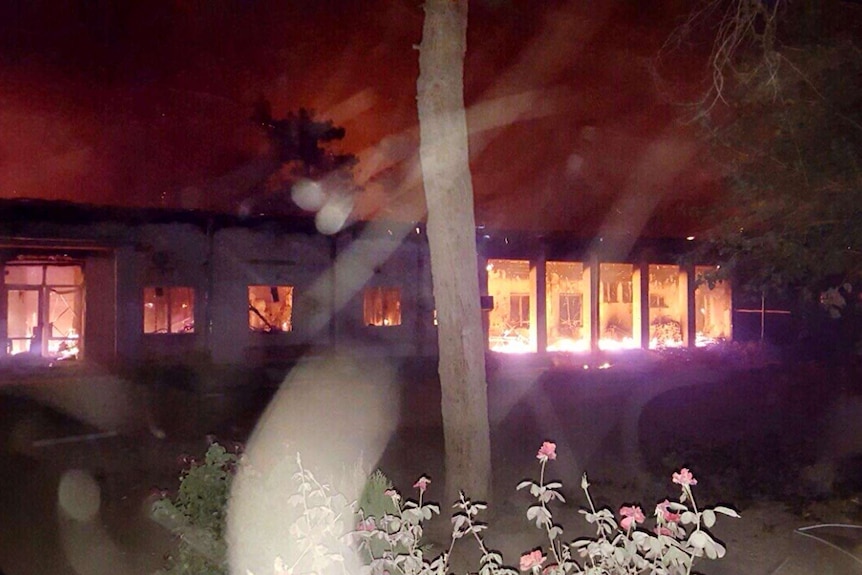 Fires burn in part of the Medecins Sans Frontieres hospital in Kunduz after it was hit by an air strike.