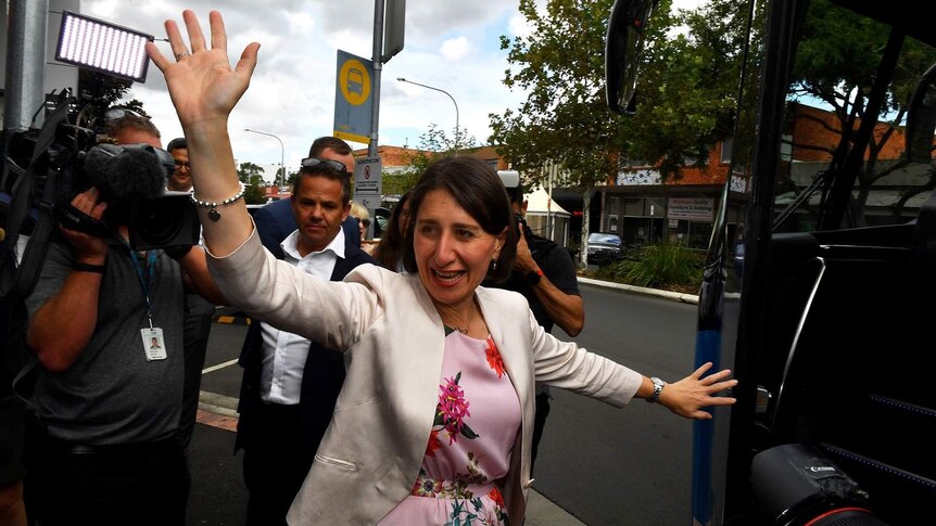 New South Wales Premier Gladys Berejiklian gestures during a streetwalk in Merrylands, in Sydney. Friday, 22 March 2019. 