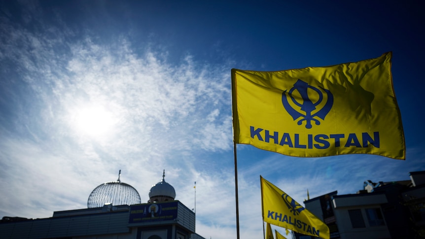 Khalistan flags are seen outside the Guru Nanak Sikh Gurdwara Sahib in Surrey, British Columbia.