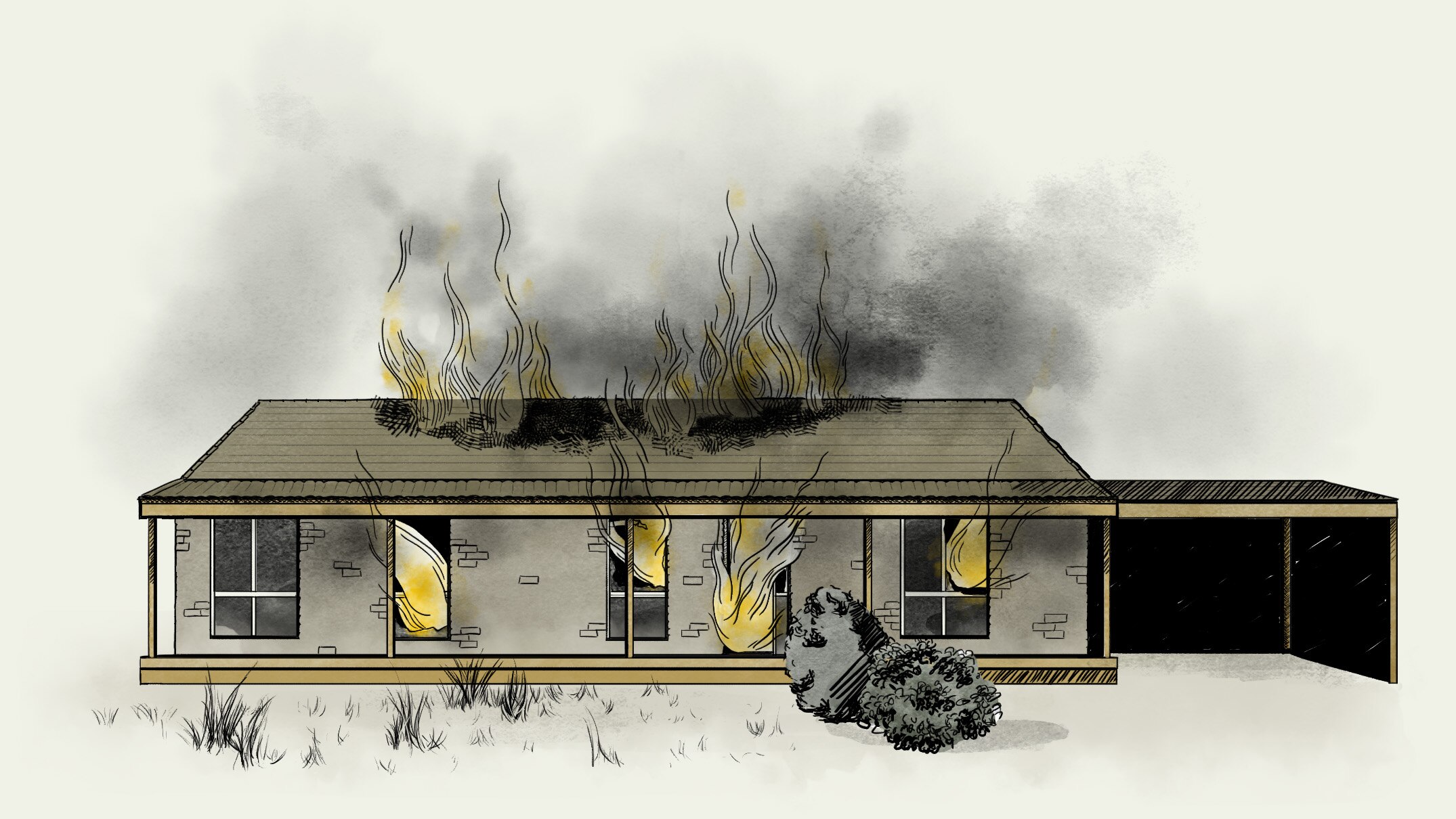 Watercolour illustration of suburban brick house on fire with windows broken and flames coming out.