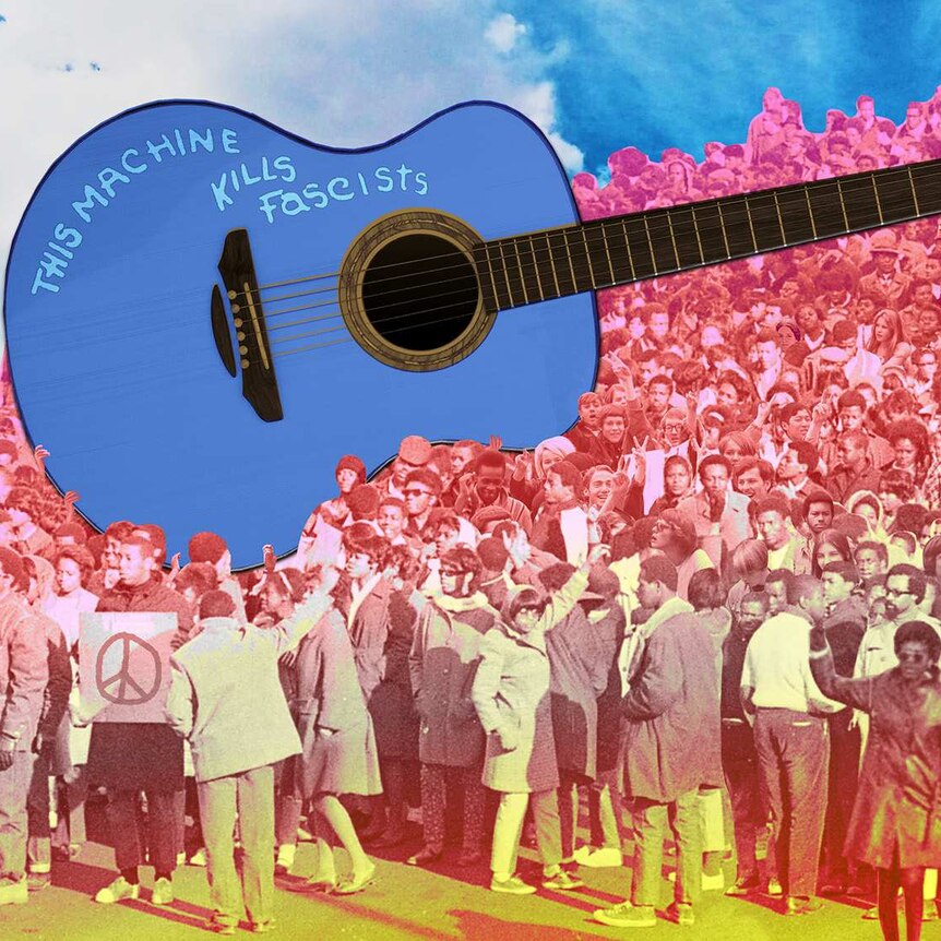 An illustration of a big crowd of protestors and a blue guitar with the words This Machine Kills Fascists on it