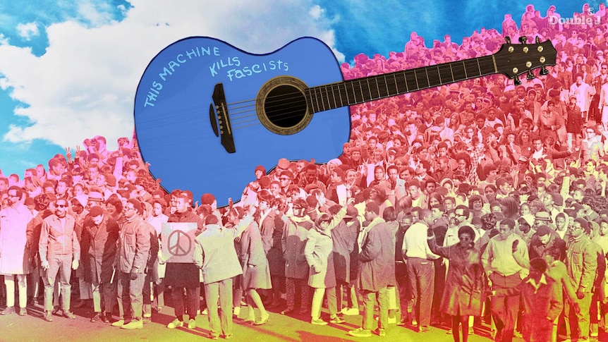 An illustration of a big crowd of protestors and a blue guitar with the words This Machine Kills Fascists on it