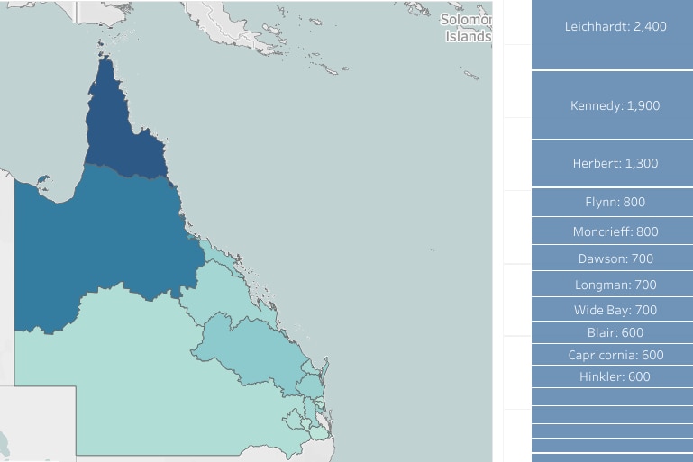 A map of Queensland with shading and a list of homelessness numbers