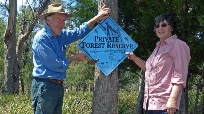 Tasmanian couple Tom and Jane Teniswood on their private forest reserve, February 2019.