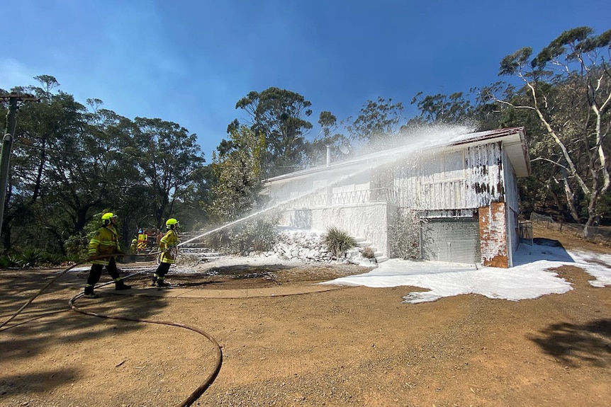 Firefighters spraying white foam over house near bushland.