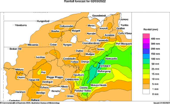 A map showing 50-100mm of rain forecast on for the southern NSW coast.