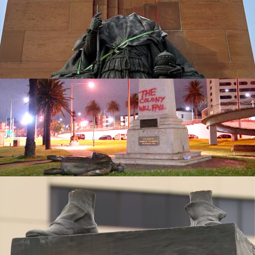 Collage of damaged statues