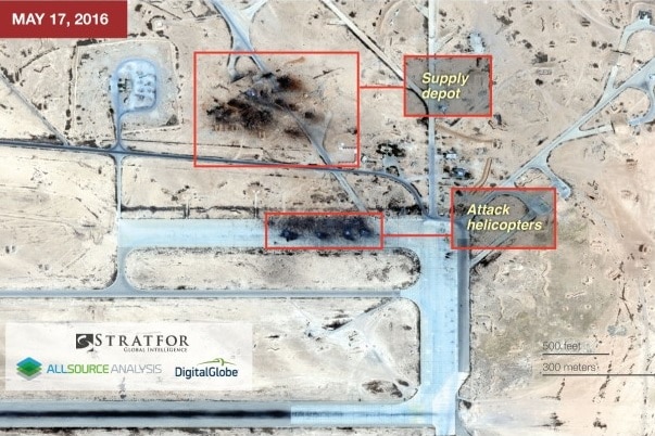 A satellite image appearing to show damage at the T4 air base in central Syria.