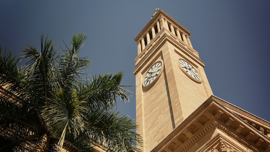 The clock tower at the Brisbane town hall.