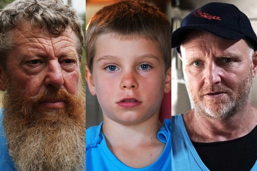 Two older men's faces, and the face of an eight-year-old boy, all wearing sky blue singlets