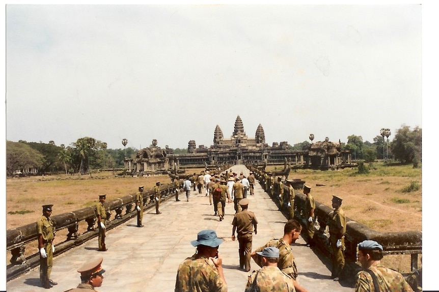 United Nations peacekeepers visit Angkor Wat in Cambodia.