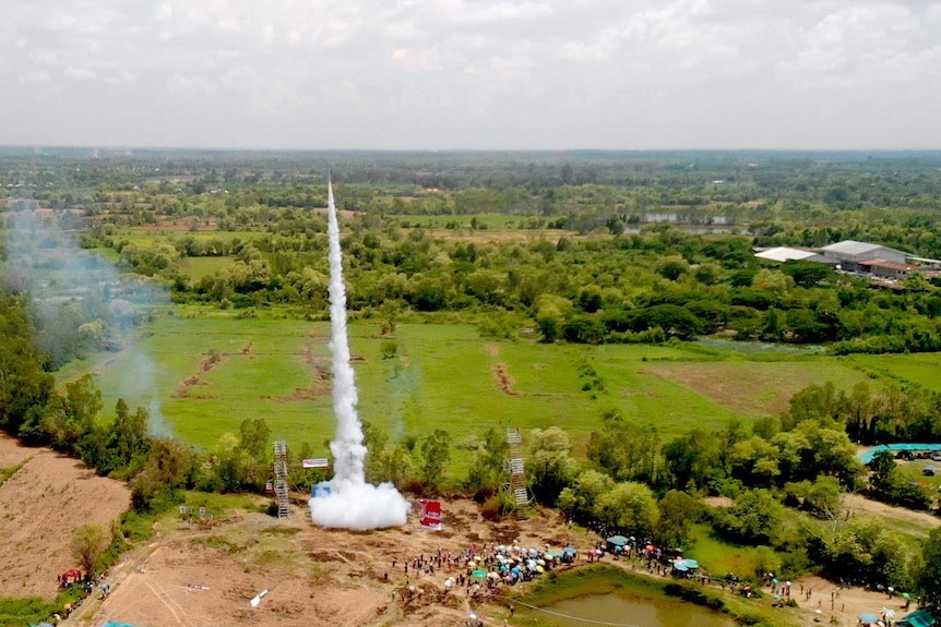 Drone shot of a launch at Thailand's rocket festival.