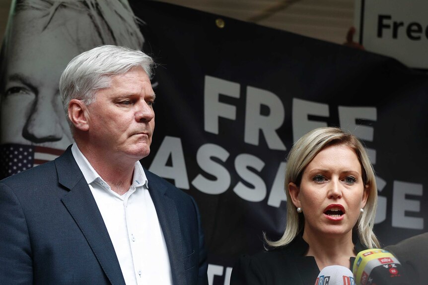 Kristinn Hrafnsson, editor-in-chief of WikiLeaks and barrister Jennifer Robinson address the media in London.