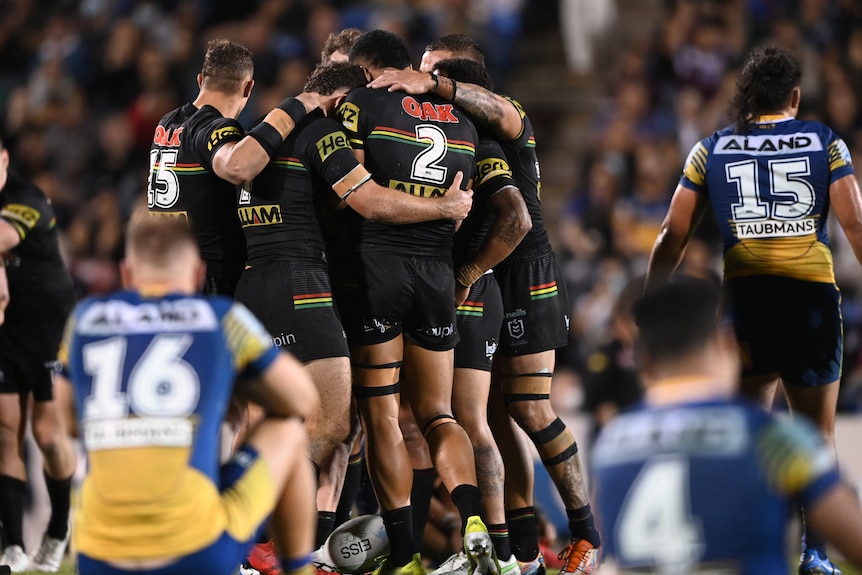 Panthers players celebrate with Eels players sitting blurred in the foreground