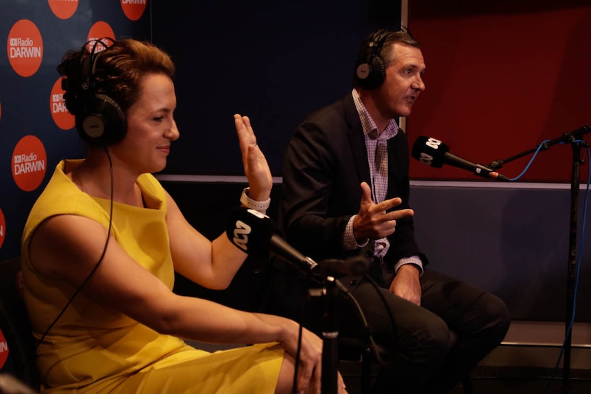 An image of CLP leader Lia Finocchiaro and NT Chief Minister Michael Gunner during a radio debate