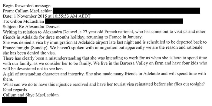 A screenshot from an email shows claims that a woman being detained was "clearly a misunderstanding"