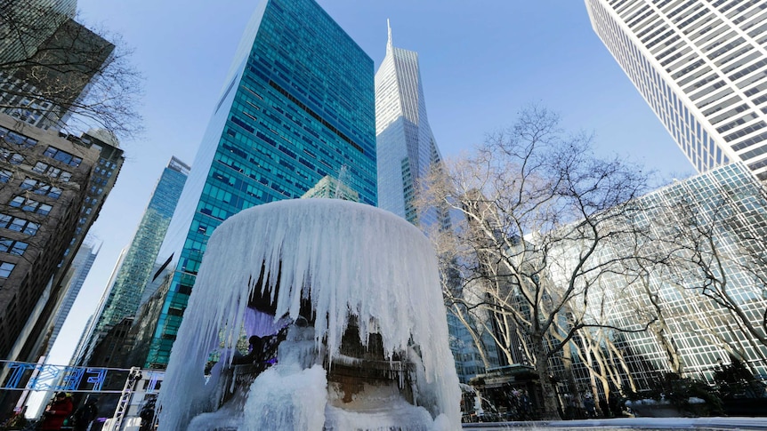 A water fountain is completely frozen in the city