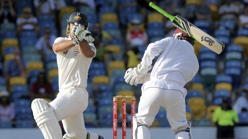 Ricky Ponting loses it at the crease against the West Indies.