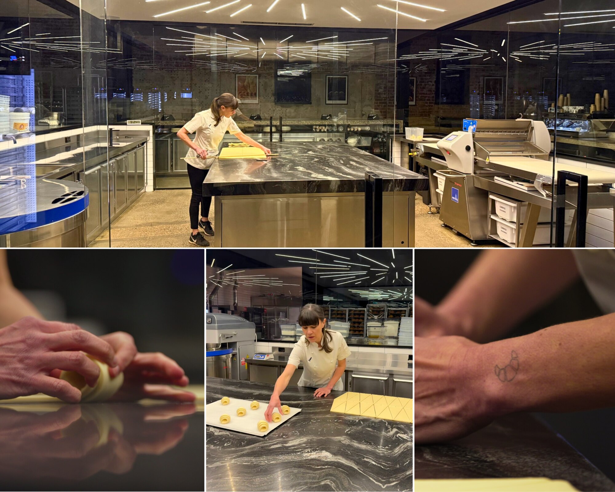 Collage of four photos a woman rolls crossaint pastry